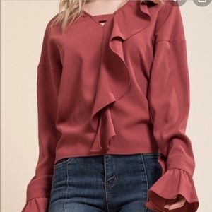 Moon River Burgundy Asymmetrical Ruffle Blouse